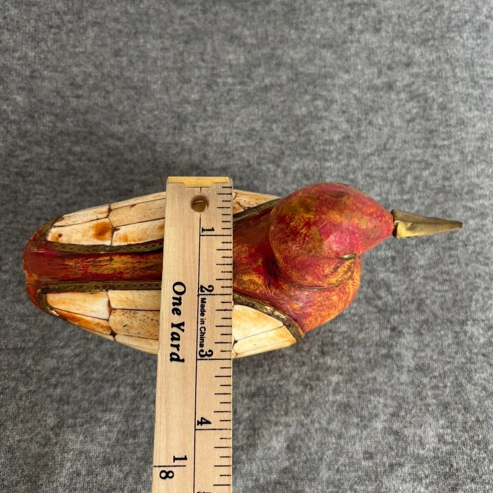 Vintage Decorative Duck Figurine Red Wood Bone Inlay Brass Accents Folk Art 8.5